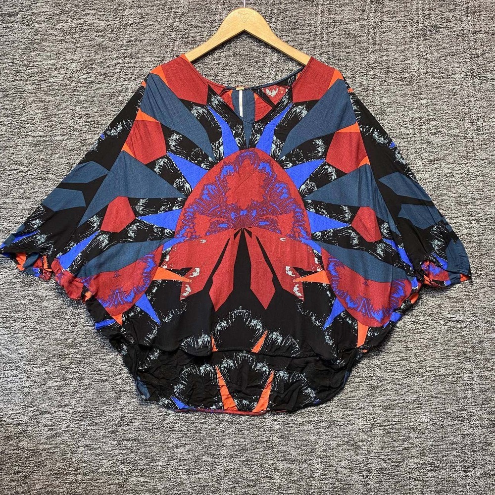 Free People Sunburst Boho Tunic Blouse Womens XS Red Blue Batwing Festival‎ Top